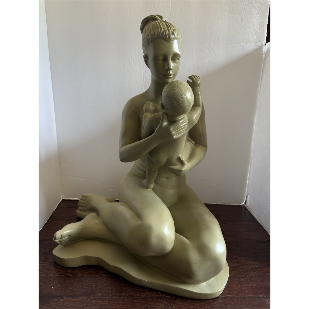 Modernist Mother and Child Sculpture Seated Woman Holding Baby Statue Sage Green